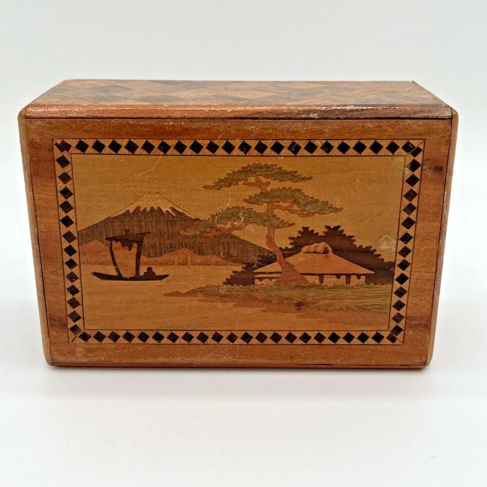 Vintage Japanese Secret Trick Box Drawer‎ Inlaid Marquetry Mt. Fuji Hand Painted